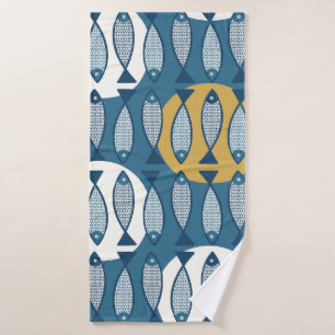 Seamless pattern with blue fish inspired by scandi bath towel