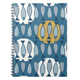 Seamless pattern with blue fish inspired by scandi notebook