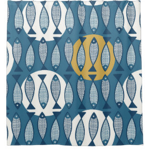 Seamless pattern with blue fish inspired by scandi shower curtain