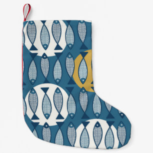 Seamless pattern with blue fish inspired by scandi small christmas stocking