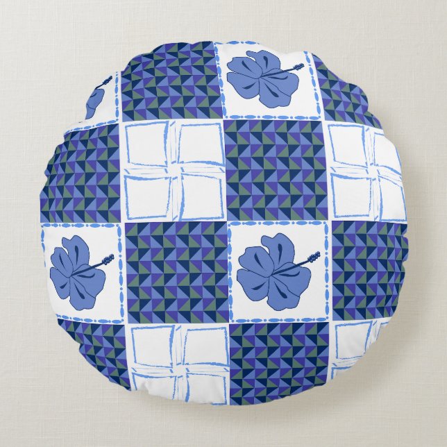 Seamless pattern with blue hand-drawn tropical round cushion (Front)