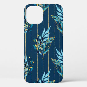 Seamless pattern with blue leaves and stripes iPhone 12 case