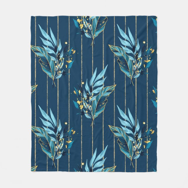 Seamless pattern with blue leaves and stripes fleece blanket (Front)