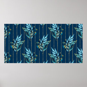 Seamless pattern with blue leaves and stripes poster
