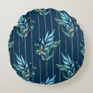 Seamless pattern with blue leaves and stripes round cushion