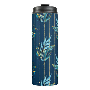 Seamless pattern with blue leaves and stripes thermal tumbler