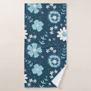 Seamless pattern with blue summer flowers on dark bath towel