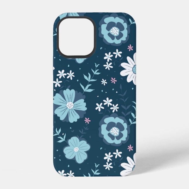 Seamless pattern with blue summer flowers on dark  iPhone case (Back)