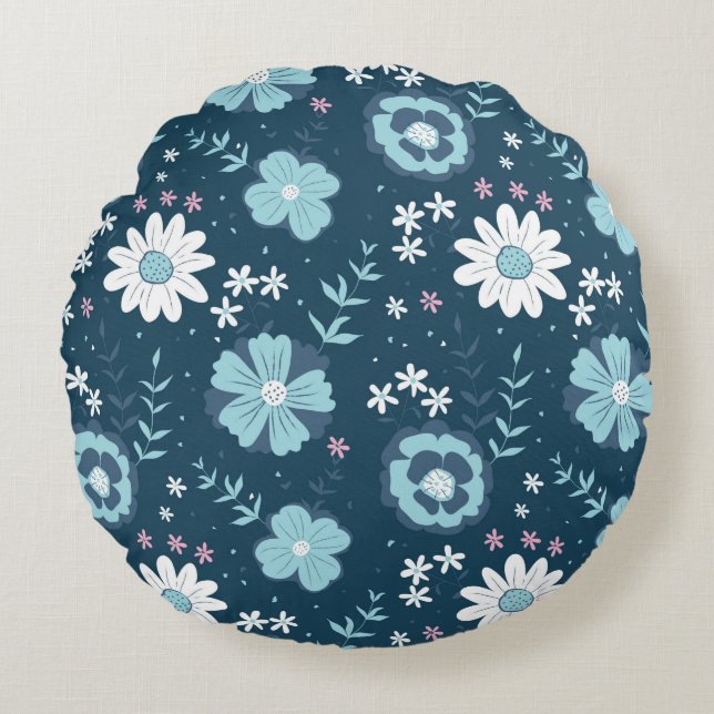 Seamless pattern with blue summer flowers on dark  round cushion (Front)