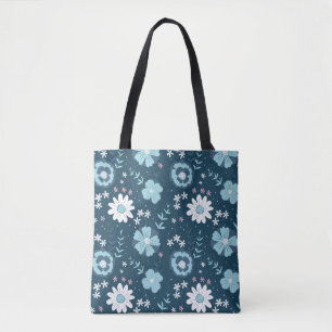 Seamless pattern with blue summer flowers on dark tote bag
