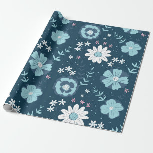 Seamless pattern with blue summer flowers on dark wrapping paper