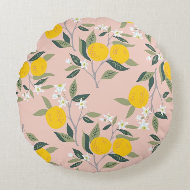 Seamless pattern with branches of oranges in bloom round cushion (Front)