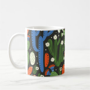 seamless pattern with cactus on black background. coffee mug