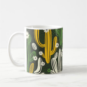 seamless pattern with cactus on black background. coffee mug