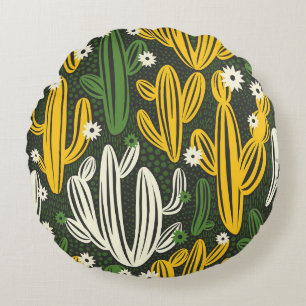 seamless pattern with cactus on black background. round cushion