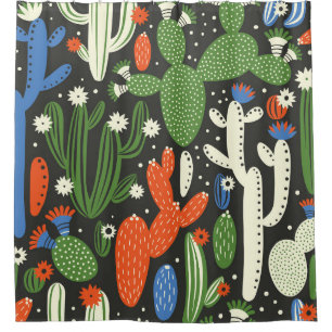 seamless pattern with cactus on black background.  shower curtain