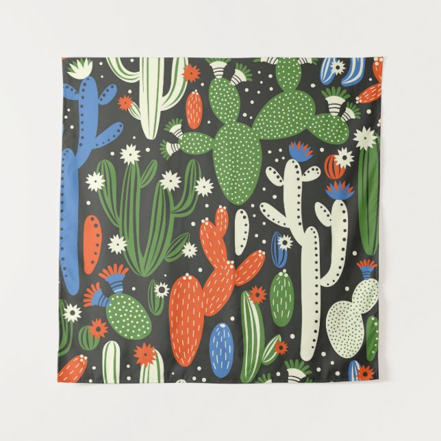 seamless pattern with cactus on black background.  tapestry (Front)