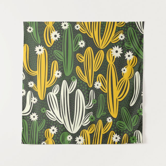 seamless pattern with cactus on black background.  tapestry (Front)