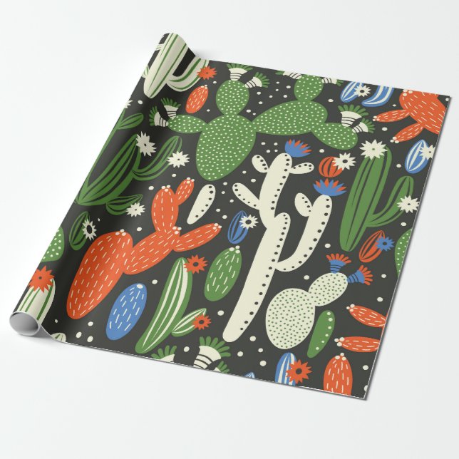 seamless pattern with cactus on black background.  wrapping paper (Unrolled)