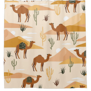 Seamless pattern with camels, dunes and cacti. Cut Shower Curtain