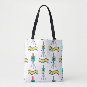 Seamless pattern with cameras and film strips on a tote bag