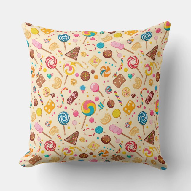 Seamless pattern with candies, lollipops, beige ba cushion (Front)