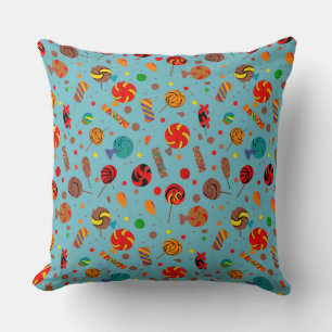 Seamless pattern with candies, lollipops, blue bac cushion
