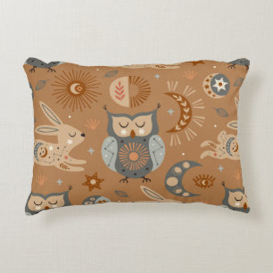 seamless pattern with celestial owl and hare decorative cushion
