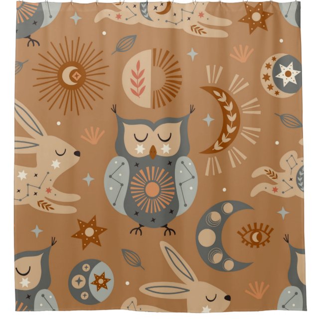 seamless pattern with celestial owl and hare shower curtain (Front)