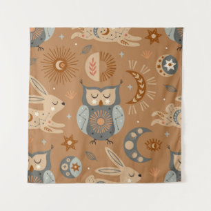 seamless pattern with celestial owl and hare tapestry