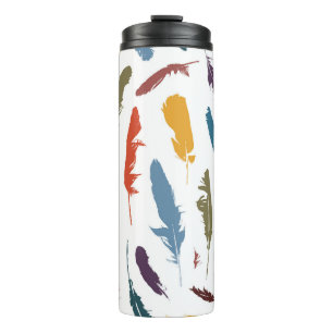 Seamless pattern with colored feathers on a light. thermal tumbler