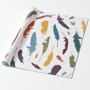 Seamless pattern with colored feathers on a light. wrapping paper