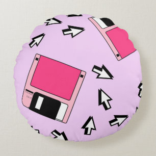 Seamless pattern with colorful floppy disk in vapo round cushion