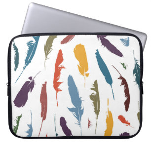 Seamless pattern with coloured feathers on a light laptop sleeve