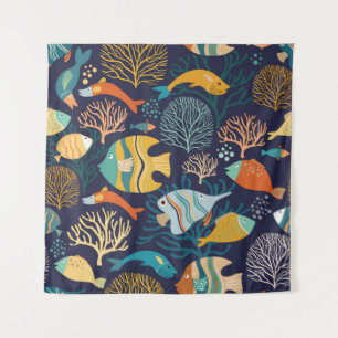 Seamless pattern with colourful fish and aquatic p tapestry