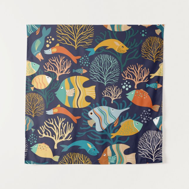 Seamless pattern with colourful fish and aquatic p tapestry (Front)