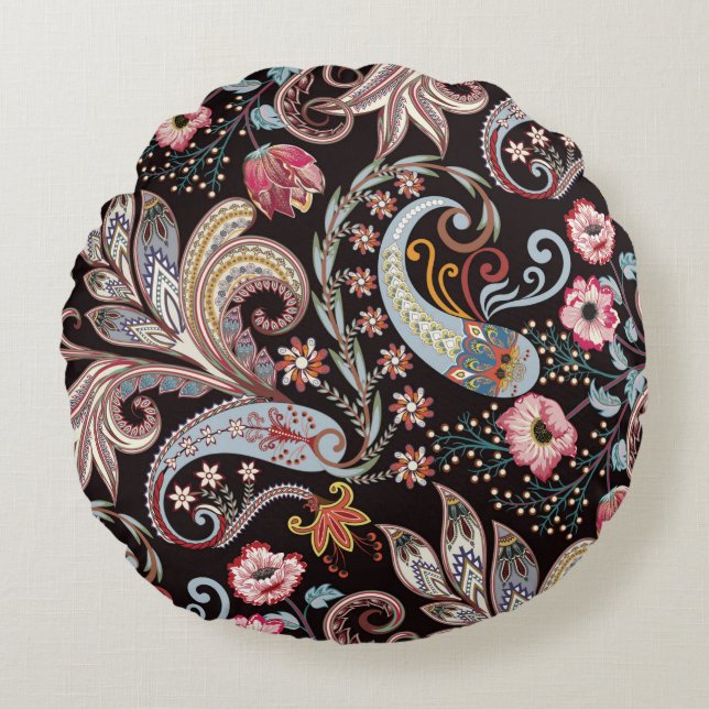 Seamless pattern with colourful paisley floral round cushion (Front)