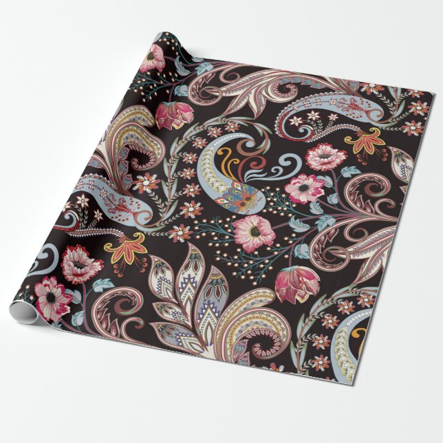 Seamless pattern with colourful paisley floral wrapping paper (Unrolled)