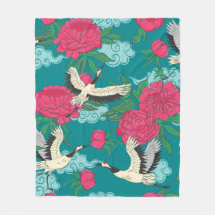 Seamless pattern with cranes and peonies. Vintage  Fleece Blanket