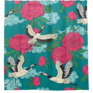 Seamless pattern with cranes and peonies. Vintage  Shower Curtain