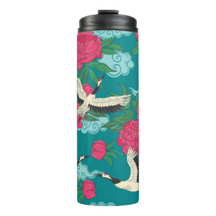 Seamless pattern with cranes and peonies. Vintage Thermal Tumbler