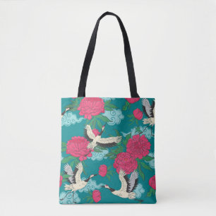 Seamless pattern with cranes and peonies. Vintage  Tote Bag