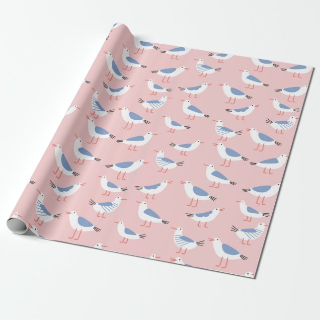 Seamless pattern with cute cartoon seagulls wrapping paper (Unrolled)
