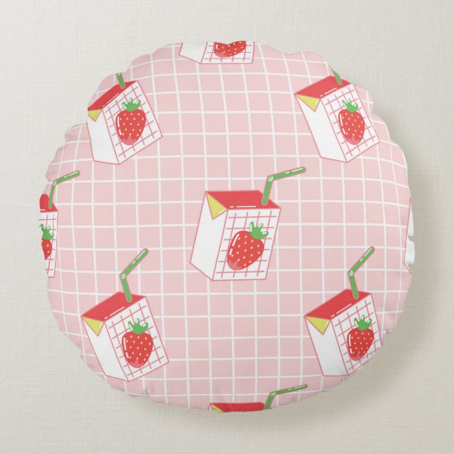 Seamless pattern with cute cartoon strawberry milk round cushion (Front)