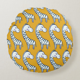 Seamless pattern with cute cartoon zebras yellow b round cushion
