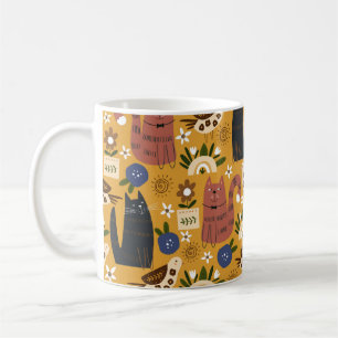 Seamless pattern with cute cats and bird. hand dra coffee mug