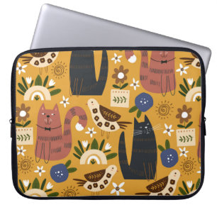 Seamless pattern with cute cats and bird. hand dra laptop sleeve