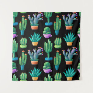 Seamless pattern with cute colourful cacti, tall, tapestry