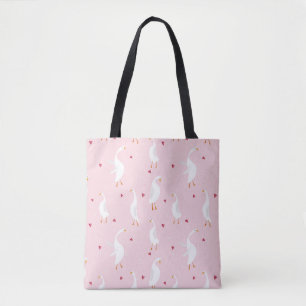 Seamless pattern with cute duck with heart on pink tote bag