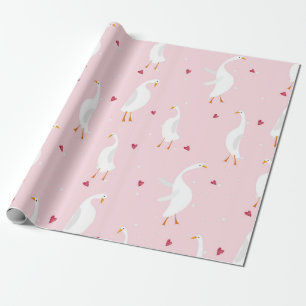 Seamless pattern with cute duck with heart on pink wrapping paper